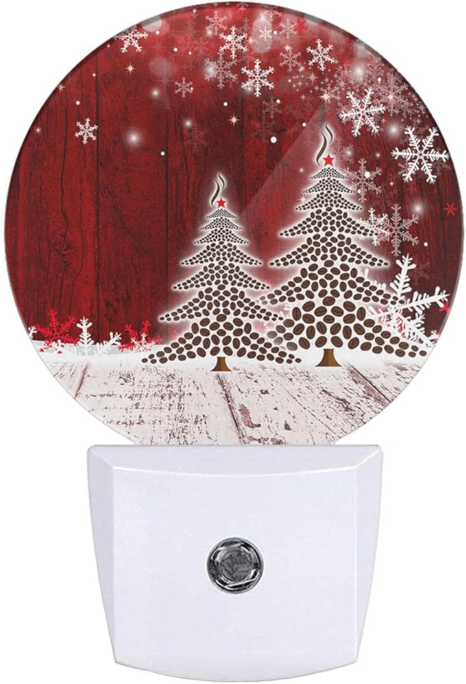 Plug-in Red Christmas Night Light Coffee Bean Trees Snowflake Nightlight with Dusk to Dawn Sensor, Auto On/Off 0.5W Energy-Saving LED Lighting for Men Women Boys Girls Gift