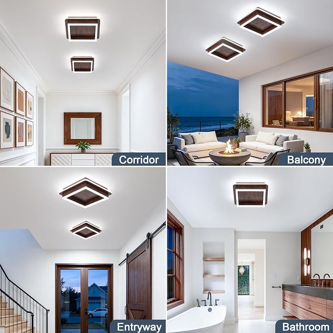 CANEOE Square Modern LED Light Fixture, 32W Flush Mount Hallway Light, 6000K Small Close to Ceiling Lamp for Living Room, Bedroom, Kitchen, Balcony, Cloakroom (Wood, 1 Pack)