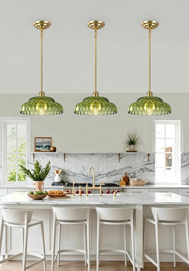 Gold Pendant Light with Glass Shade, Vintage Floral Glass Pendant Lamp for Kitchen Island, Adjustable Hanging Rods Sloped Ceiling Compatible, Living Room Bedroom Hotel-Green