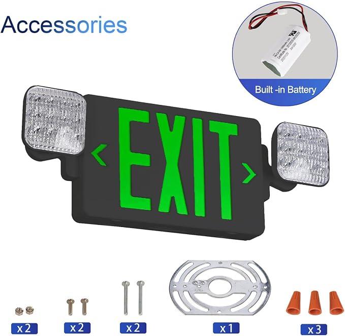 Black Green LED Exit Sign Emergency Light Combo, UL Listed Battery Backup | UL-listed commercial fire exit sign features 90-min battery backup, 360° rotating dual heads, and easy dual-mount setup.