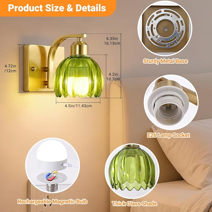 Rechargeable Battery Operated Wall Sconce Set of 2, Wireless Battery Powered Gold Wall Lamps with Green Tulip Glass, Vintage Dimmable Wall Lights with Remote Control for Bedroom Living Room