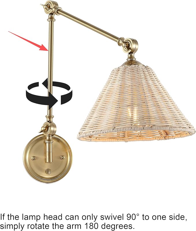 WINGBO Wall Sconce Rattan Wrapped Wall Lamp, Large Lampshade, Adjustable Swing Arm Wall Light Gold Vintage Bedside Light Fixture Wicker Handmade Shade Brass Reading Light Plug in or Hardwire (2 Pack)