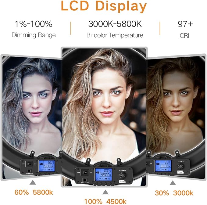 Pixel Ring Light, 19" Bi-Color LCD Display Ring Light with Stand, 55W 3000-5800K CRI≥97 Light Ring for Vlogging Selfie-Portrait Live Stream Video Photography Shooting