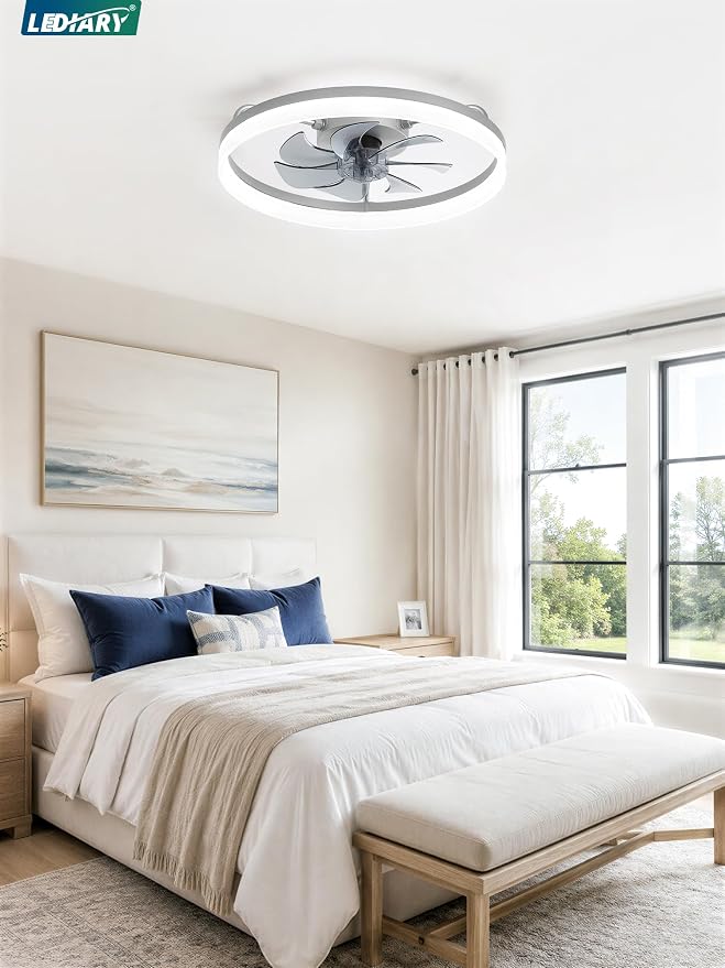 LEDIARY 20" Low Profile Ceiling Fans with Lights, APP & Remote, Grey | Flush Mount, Dimmable LED, Quiet DC Motor, Reversible, 6 Speeds, Fandelier, for Bedroom