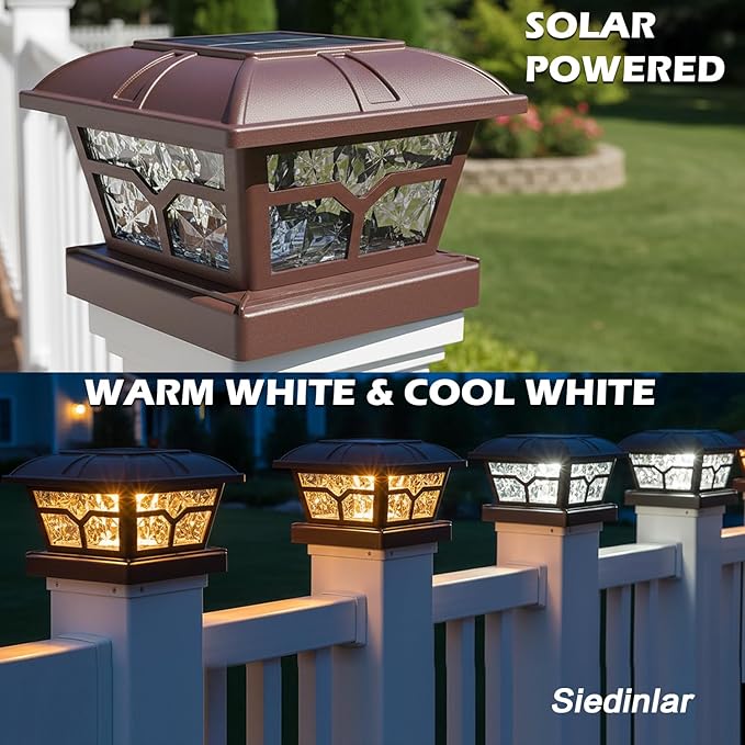 SIEDiNLAR Solar Post Cap Lights Outdoor 2 Color Modes 8 LEDs for 4x4 5x5 6x6 Posts Fence Deck Patio Decoration Warm White & Cool White Lighting Brown (2 Pack)