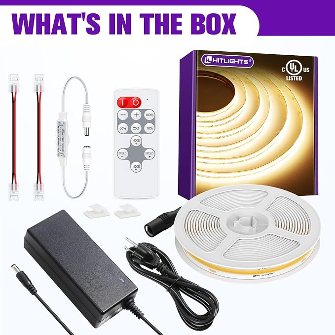 HitLights COB LED Strip Lights Kit Warm White 3000K with Remote, 16.4ft 12V | UL Listed, Dimmable Tape Light with Power Supply, 2640 LEDs, 426 lm/ft, CRI 90+, Rope Lighting for Bedroom Kitchen Cabinet