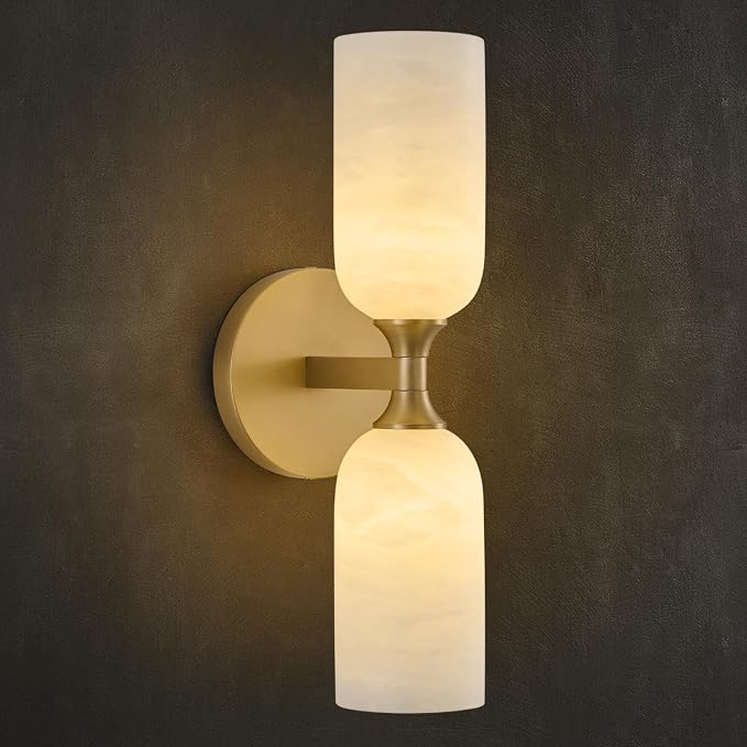 14" Natural Alabaster Sconce, Vintage Brass Marble Wall Light | Natural Spanish Alabaster, Modern Vintage Style, Unique Marble Veining, Solid Brass Construction, Dual Installation Options