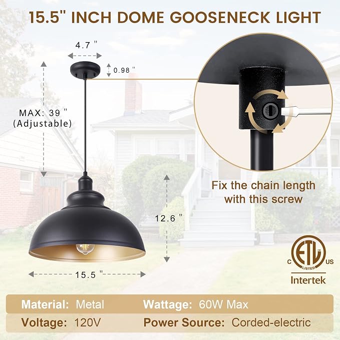 15 1/2in Large Dome Barn Pendant Light for Farmhouse, Black Ceiling Mounted Lighting with Brass Interior for Kitchen, Indoor and Outdoor Hanging Light Fixture with Ajustable Cord