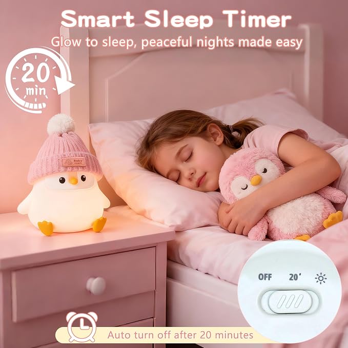 FAMIDUO Penguin Night Light,Cute Pink Penguin Lamp with Hat,Kids Room Decor | Safe Silicone Nursery Nightlight ,Rechargeable/Dimmable/Timer LED Squishy Animal Bedside Touch Lamp,Funny Gift for Girls