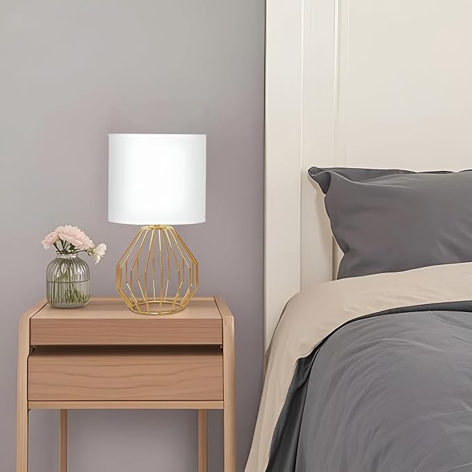 Small Gold Table Lamps, Set of 2 Bedside Nightstand Lamps with White Fabric Shade, Metal Base, Hollow Desk Lamps, Modern Brass Geometric End Table Lamp for Bedroom, Living Room, Office