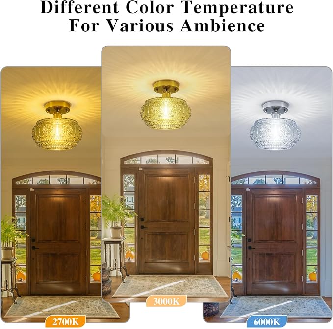 Semi Flush Mount Ceiling Light Fixture - Brass & Gold Floral Design, Green Glass Shade, Vintage Modern Lighting for Kitchen, Bathroom, Entryway (Bulb Not Included)