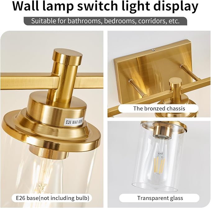 5-Light Modern Vanity Lights Over Mirror, Brushed Brass Bathroom Sconce with Clear Glass Shade