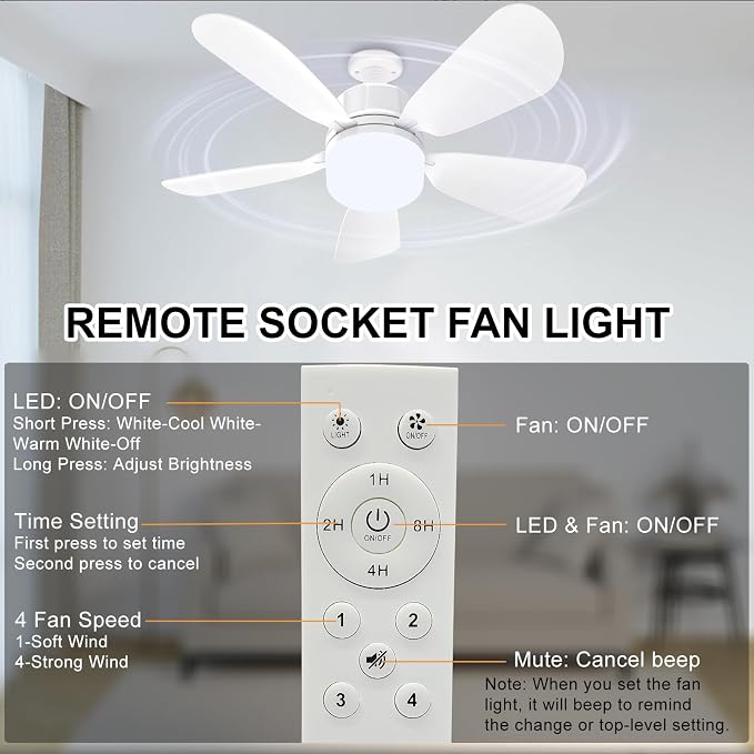 2Pack Socket Fan Light With Remote, Screw in Ceiling Fans with Dimmable Light, 3 Colors 3000K-6500K,Smart Ceiling Fan Light Kit Bulb for Bedroom Living Room Kitchen Garage Dinning Room