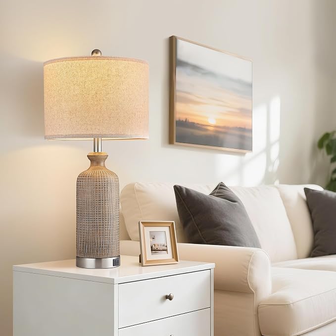Living Room Lamps Set of 2, 27" Touch Lamps for Nightstand with USB A+C Ports, Modern Farmhouse Table Lamps for Bedroom, Wood Grain, Ceramic