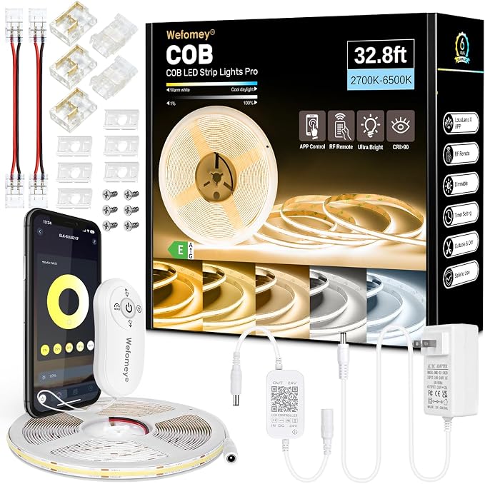 COB LED Strip 32.8ft, Dimmable 2700K-6500K High Bright Dotless LED Tape Light with Remote and APP Control, 6080LEDs, DC24V, CRI>90, 8mm Width, Warm White to Cool White LED Strip Lights for Bedroom