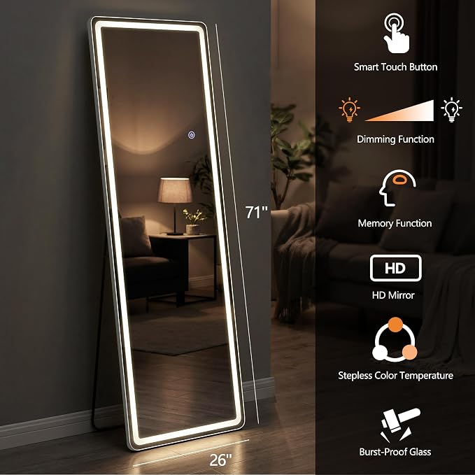 71"x26" LED Full Length Mirror with Lights - Full Body Floor Mirror, Dimmable with 3 Color Temperature, Memory Function, Standing Leaning Wall Mounted Vanity Mirror for Bedroom Cloakroom