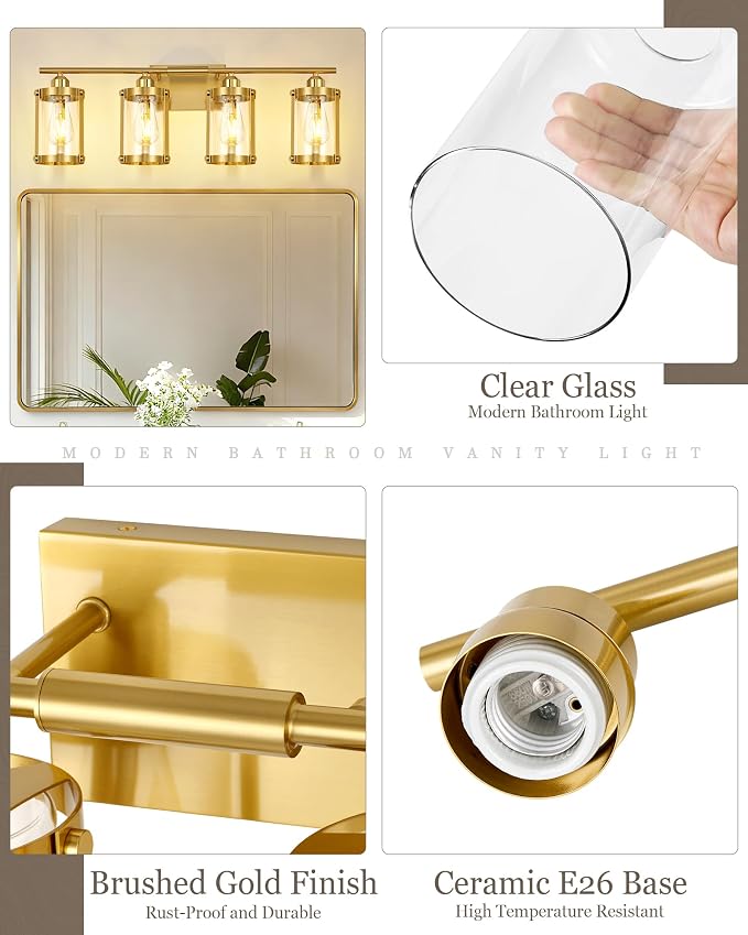 4-Light Brushed Gold Bathroom Light Fixtures with Clear Glass and Metal Cage, 29 Inch Modern Brass Vanity Lighting Over Mirror Wall Sconce Lights for Bath, E26, Rust-Proof, OS-3014BG-4W