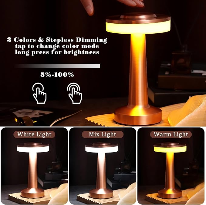Riakrum 1 Pcs Rose Gold LED Portable Cordless Table Lamp Bulk with Touch Sensor 3 Color Stepless Dimming Rechargeable Battery up to 15 Hours Cordless Table Light Wireless Lamp Wedding Home