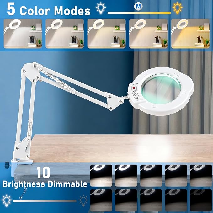 White 10X Magnifying Glass with Light and Stand, LED Desk Lamp with Clamp, 5 Color Mode, 10 Dimmable Levels, Hands Free for Reading Crafts Jewelry Sewing Close Work