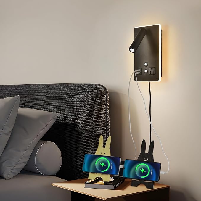 Dimmable Plug in Wall Sconce with Touch Switch,Headboard Bedside Wall Lamp,Multifunction Wall Light with USB C+A Ports,Adjustable Wall Mounted Reading Light,3 Color Temperature(Black)