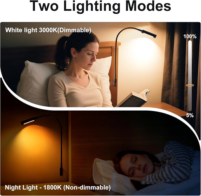 Wall Mounted LED Reading Light for Bed, 23 Inch Length, All Metal Bedside Headboard Lights with Head Switch,Flexible Minimalist Book Lamp for Bedroom, Dimmable & Night Light(1 Pack)