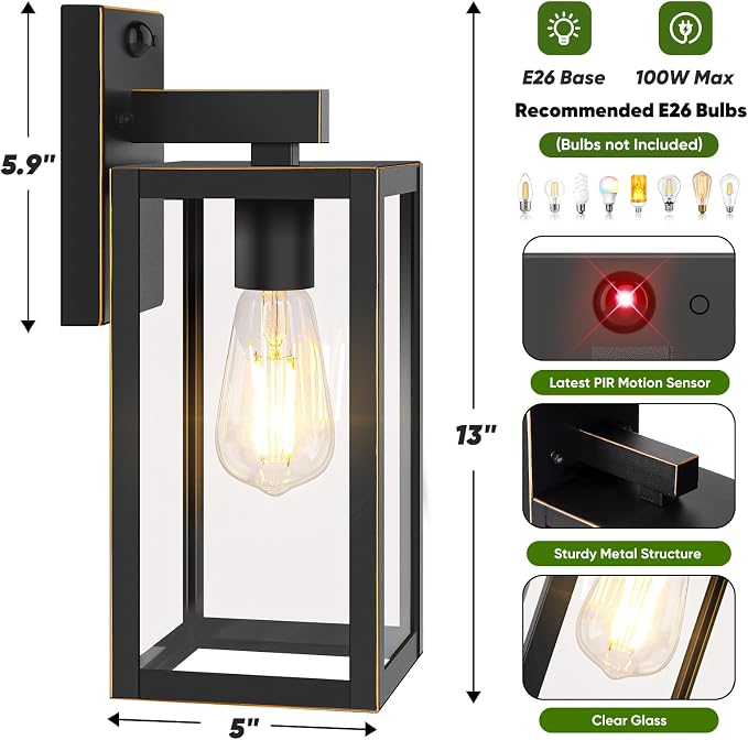 2-Pack 13” Upgraded Motion Sensor Outdoor Wall Lights, Bronze | Auto ON/OFF, 3 Lighting Modes, Waterproof, Rust-Resistant, Durable Metal & Clear Glass, Standard E26 Sockets, Easy to Install