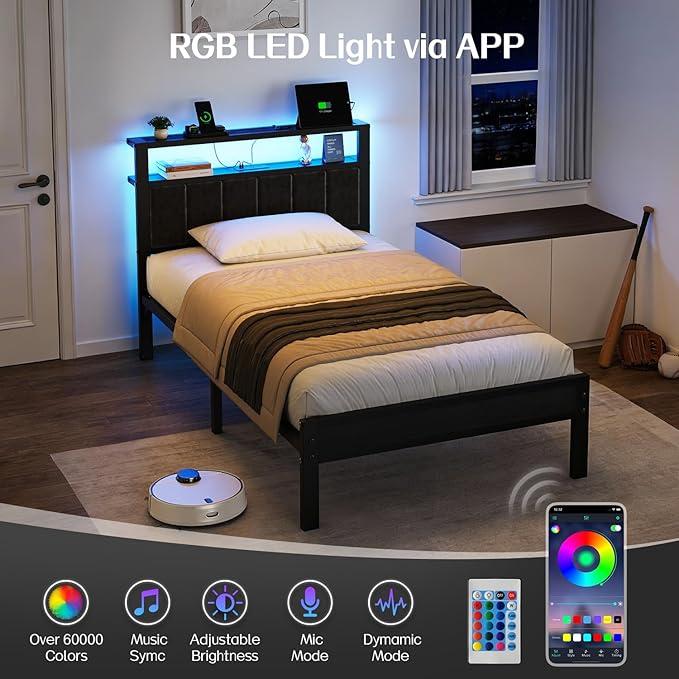OLEVS Twin Bed Frame with LED Lights & USB Outlets, Platform Twin Bed with Storage Headboard, No Box Spring Needed, Easy Assembly