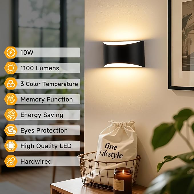 Modern LED Wall Sconce Set of 2, Black Indoor Wall Lights 3CCT | 3000K/4000K/6000K, Up/Down Hardwired Wall Mount Light, Easy Install Aluminum Wall Lighting, Bedroom, Living Room, Hallway