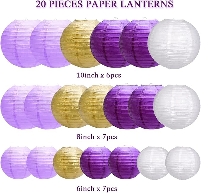 Paper Lanterns Party Decorations, Hanging Round Chinese Lanterns for Graduation Bachelorette Purple Birthday Decorations Pack of 20 Purple Gold
