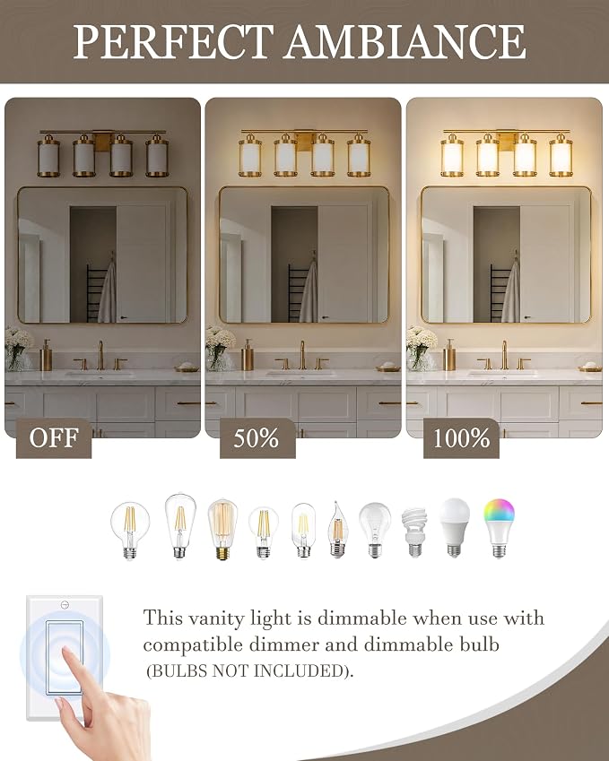 4-Light Brushed Gold Bathroom Light Fixtures with Milk White Frosted Glass, 29" UL-Listed Modern Wall Sconce Over Mirror with Metal Cage for Bath, Hardwire E26, OS-3014BGW-4W