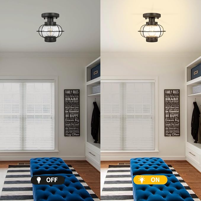 Porch Ceiling Light Fixture, Industrial Flush Mount, Glass Globe, E26 | Farmhouse Design for Indoor & Outdoor. Ideal for Hallway, Bedroom, Balcony, Stairway. Easy to Install. Hardware Included.