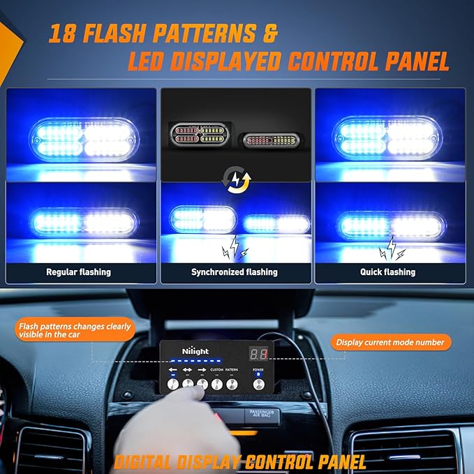 Nilight 8PCS Led Strobe Lights with Controller 12V 24V Sync Feature Blue White Emergency Hazard Warning Light 12 24 LED Surface Mount for Vehicle Car Truck RV ATV