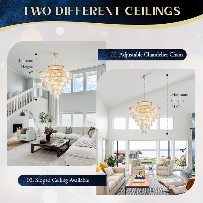 Crystal Chandeliers Large 40" 28 Lights Modern Round Chandelier Luxury Gold 7-Tier K9 Crystal Ceiling Pendant Lighting Fixture for Tall Ceiling Foyer Staircase Living Room