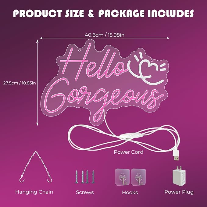 Hello Gorgeous Neon Sign, 16 * 10.8 Inches Led Sign, Neon Signs for Wall Decor with Dimmable Switch, Powered by USB Light up Sign, Pink Neon Lights for Teen Girls Bedroom, Salon, Party