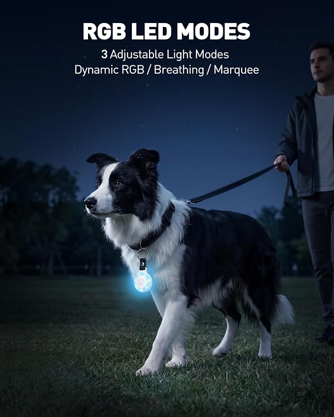 Pet Tracker for Cats and Dogs, Works with Apple Find My, No Monthly Fee | Compatible with iPhone,IPX7 Waterproof, RGB LED Night Light, Paw Print Design, 360-Day Battery, Lightweight Pet Collar Tag