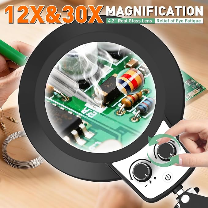 Magnifying Glass with Light, Overhead Knob Magnifier Lamp 12X 30X | 35in Adjustable Arm For Craft Repair Sewing Workbench Close Work, LED Magnifying Light Real Glass Stepless Dimming and Color