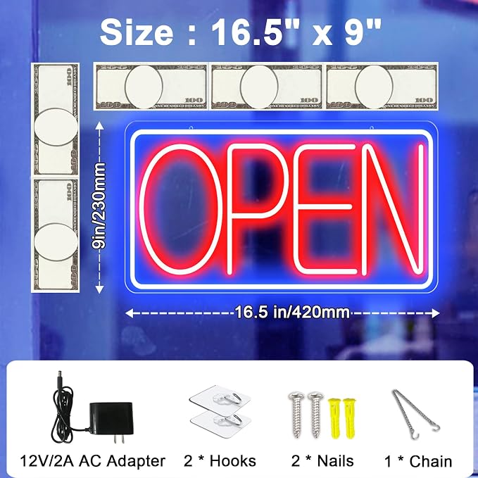16.5" X 9" Led Neon Open Signs for Business - 12V/2A Ultra Bright Led Neon Sign with ON/OFF Switch - Plug In Electric Light Up Sign for Bar, Salon, Coffee Stores, Club, Hotel (Horizontal)