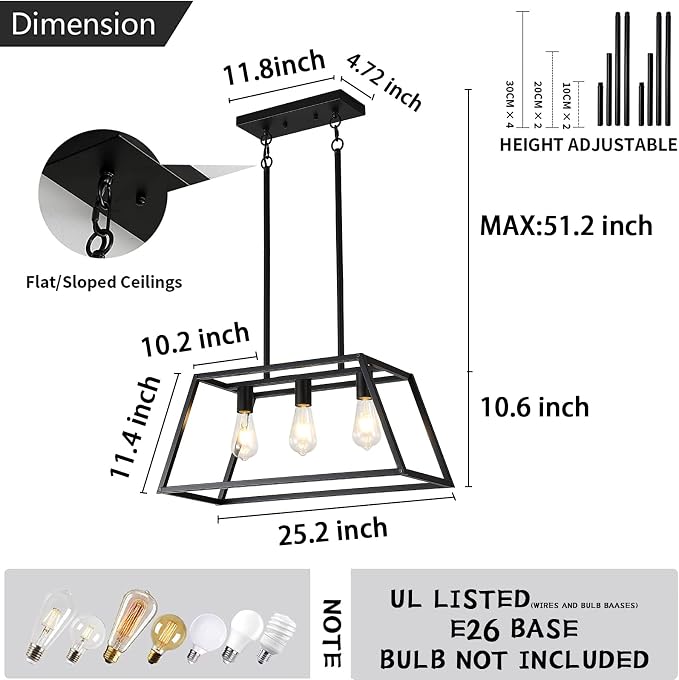 Kitchen Lighting Fixtures Ceiling Hanging Modern Linear Hanging Matte Black 3-Light Industrial Pendant Lighting for Kitchen Island