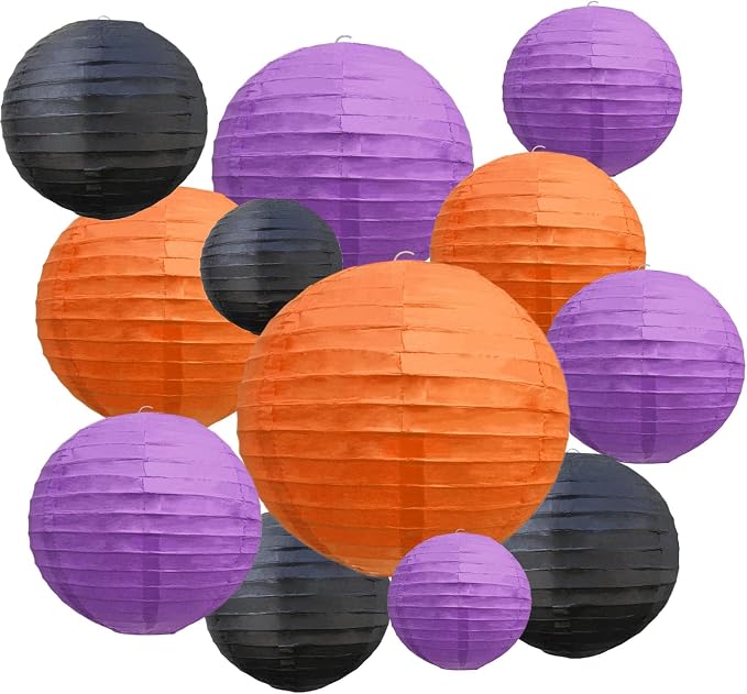 20Pcs Black Orange Purple Paper Lanterns for Parties, 6” 8” 10” 12” Chinese Asian Hanging Round Paper Lanterns for Birthday Wedding Halloween Christmas Home Decor Party Decor