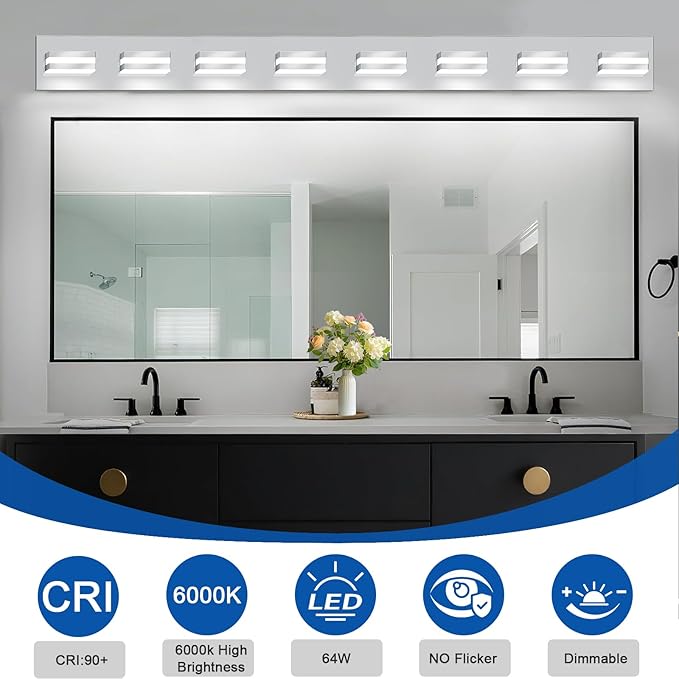 IZORRO LED Modern Bathroom Lights Fixtures(8-Light,Dimmable),Chrome Acrylic Wall Lighting,Vanity Lights for Bathroom Over Mirror - 6000k 46In （No Assembly Required）