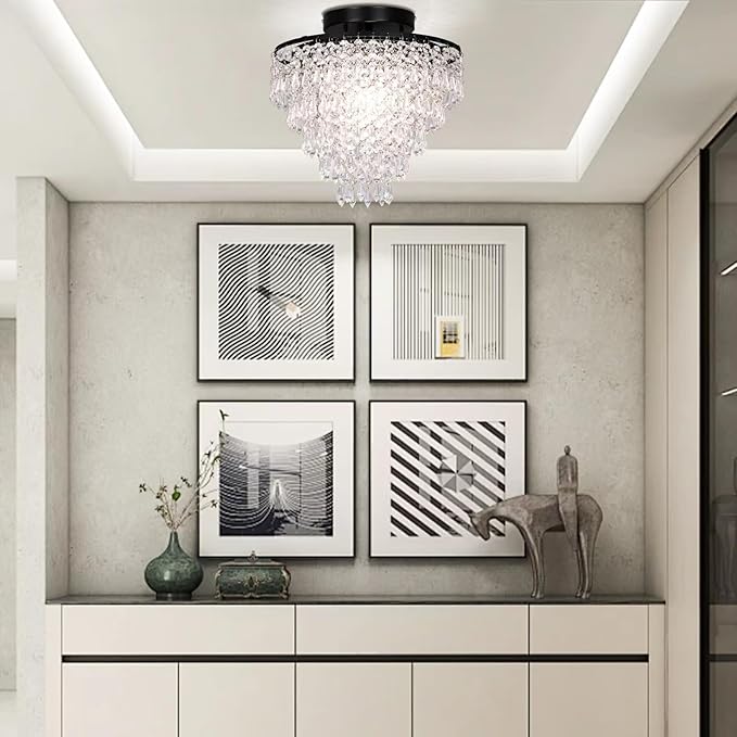 FRIXCHUR 11.8" Small Crystal Chandelier Light Fixture Mini Crystal Ceiling Light 5 Tiers Raindrops Black Chandeliers for Bedroom Hallway Closet,E26 Base
