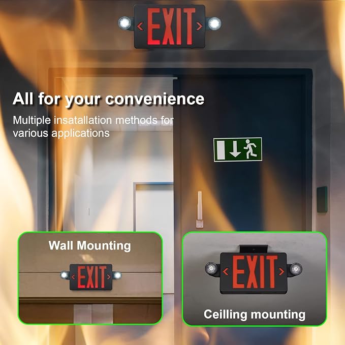 GZRUIYANG Black Housing Exit Sign With Emergency Lights Red, LED Exit Light With Battery Backup, UL 924 Certified, AC 120/277V, Commercial Lights Combo for Business - 4 Pack