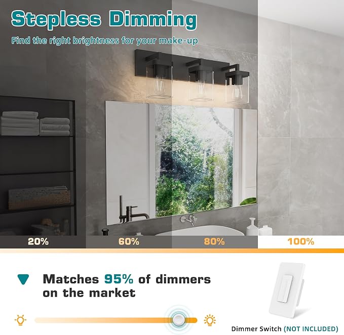 Bathroom Lighting Fixtures Over Mirror, Square Design & Rectangle Large Backplate, 3 Lights Morden Vanity Lighting Fixtures, Bathroom Light Fixtures for Bathroom/Living Room/Bedroom, Black