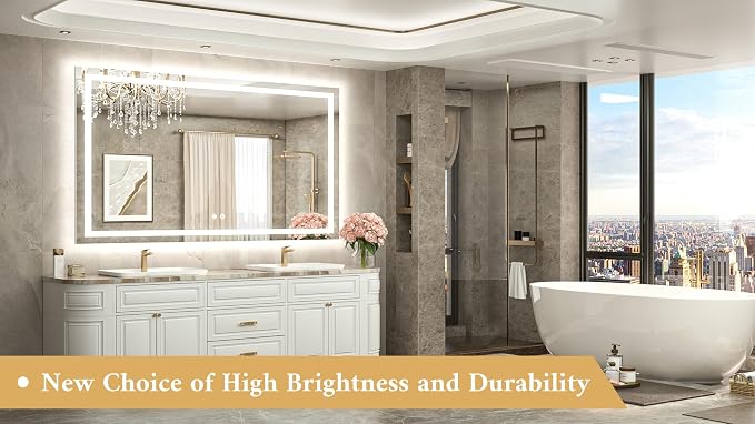 60 x 36 LED Lighted Bathroom Mirror with Lights Wall Mounted, Brighter Front and Backlit Light up Mirror, 3-Color Dimmable Lighted Anti Fog Mirror, Waterproof, Shatterproof Tempered Glass