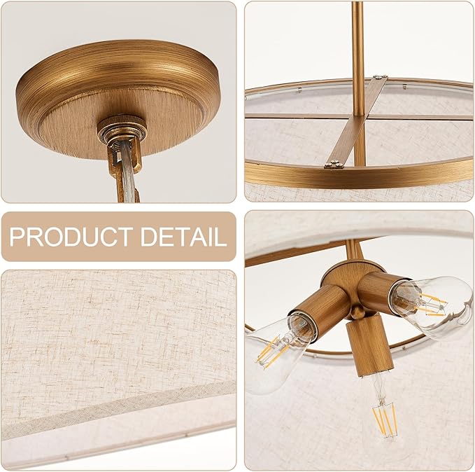24" Boho Chandelier, Tapered Fabric Drum and Antique Gold Accents Paint Finish Shade Pendant Lighting for Nursery Room Dining Room Living Room Kitchen