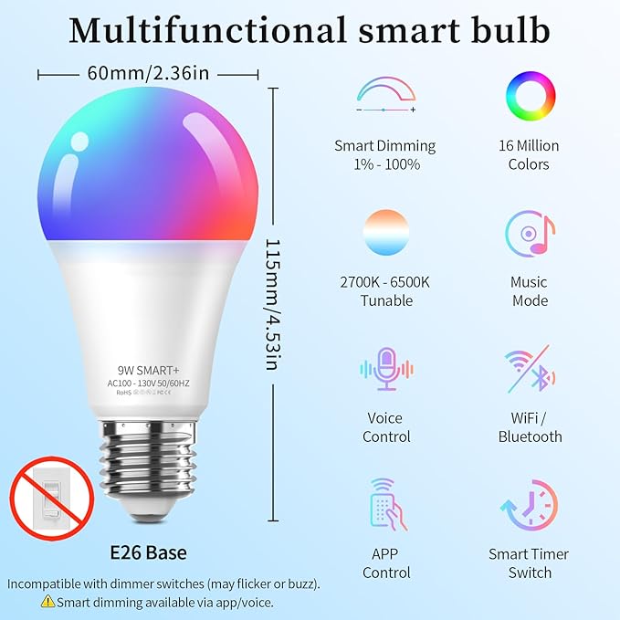 Meliya LED Smart Light Bulbs, Color Changing Dimmable & Timing Smart WiFi and Bluetooth Bulb, Compatible with Alexa and Google Assistant, RGBWW A19, 9W 800 Lumens, Music Sync, Voice Control (2 Pack)