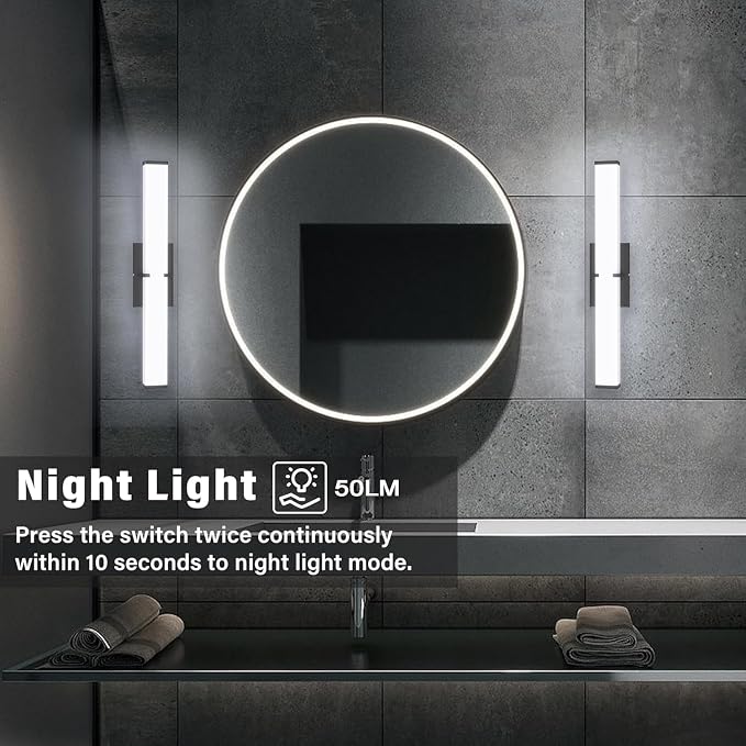 Bathroom Vanity Light with Night Light Cool White 5700K Black Modern Matte Bathroom Lighting Fixtures; 24 Inch IP44 25W Equivalent to Incandescent 250W for Over Mirror Vanity Light ETL Listed