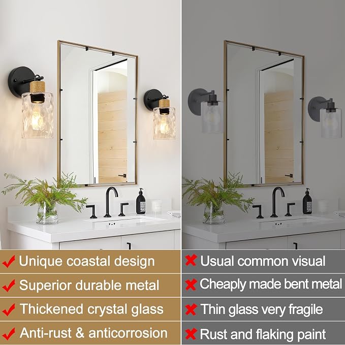 MOKATNG Set of 2 Wall Sconces for Bathroom, Coastal Modern Vanity Lights with Crystal Glass Shade, Black Bathroom Wall Lamp for Mirror Kitchen Living Room Hallway Cabinet Porch