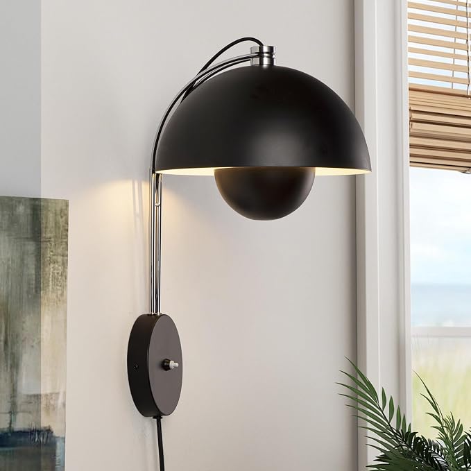 Mid-Century Modern Bud Plug in Wall Sconces for Bedroom, Glossy Black | Indirect lighting reading wall lamp, all-metal construction, plug-in or hardwired install, fits bedroom bedside, living room
