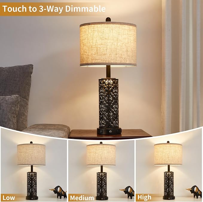 SAIWEYA 26" Set of 2 Farmhouse Table Lamp for Bedroom, Dimmable Touch | 3 Way Dimmable, 2 USB Ports + AC Outlet Bedside Lamp for Nightstand, LED Bulb Included, Fabric Shade, Flower Metal Body